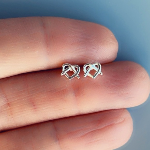 Sterling Silver Pretzel Heart Stud Earrings - Picture 4 of 14